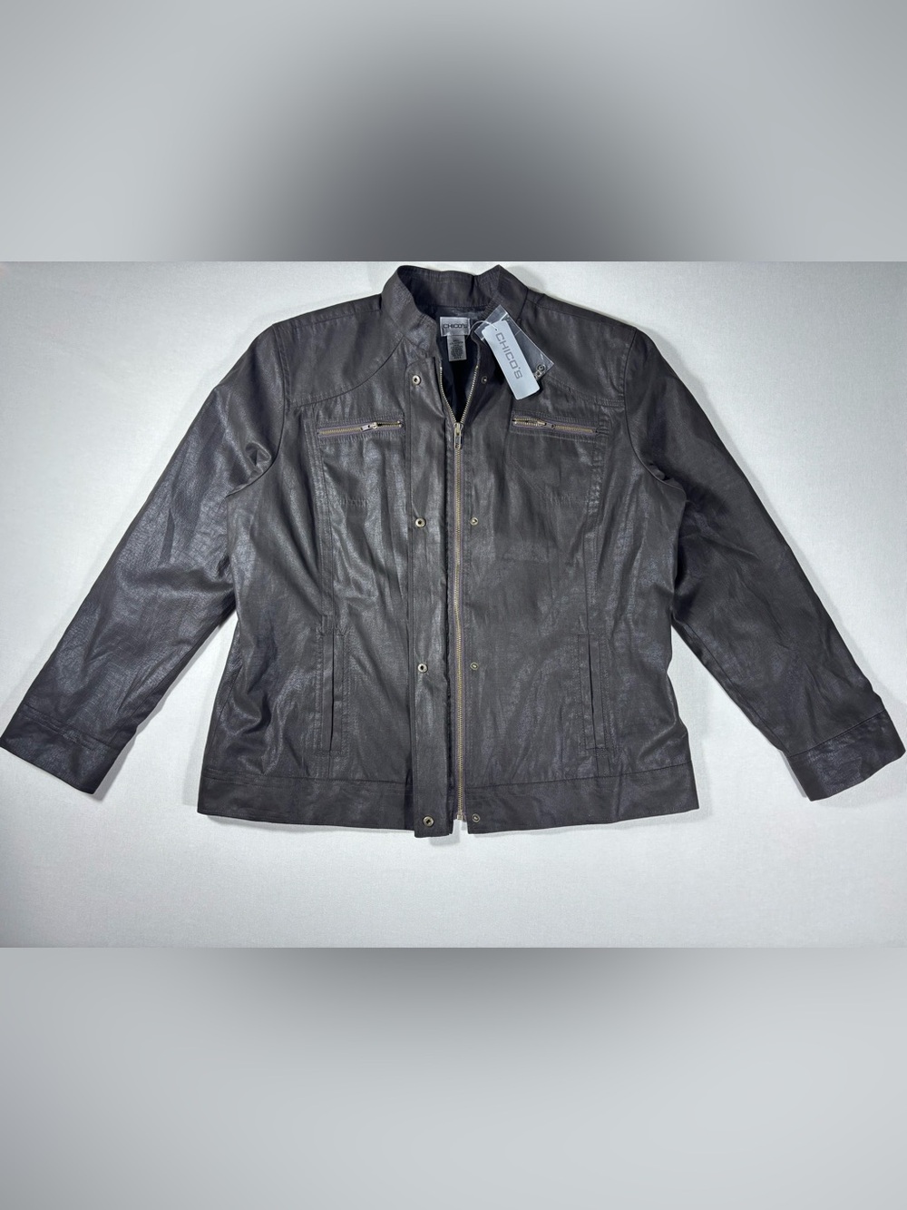 NWT Chico’s Size 3 XL Brown Metallic Foil Moto Zip Jacket
